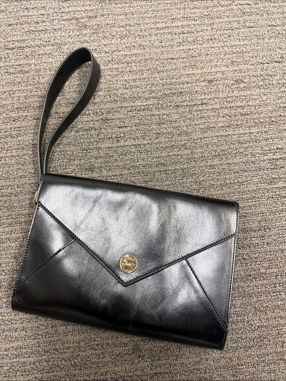 Chloe Black Leather Envelope Wristlet with Gold Medallion